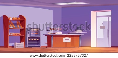 Empty bakery shop interior with furniture and pastry. Vector cartoon illustration of confectionery with muffins, cakes, fresh bread on showcase shelves and baking in oven, counter desk. Small business Royalty-Free Stock Photo #2253757327