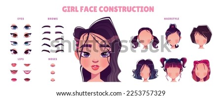 Asian girl face constructor set isolated on white background. Vector cartoon illustration of young woman hairstyles, eyes, lips, brows and noses. Female game character or avatar design elements Royalty-Free Stock Photo #2253757329