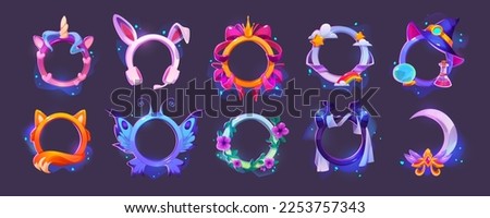 Game avatar frames with fantasy borders with animal ears, tails and wings, devil and unicorn horns, witch hat, royal crown, flowers and moon, vector cartoon set Royalty-Free Stock Photo #2253757343