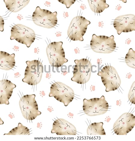 Watercolor seamless pattern with the face of a cute brown cat and cat tracks on a white background. Hand-drawn illustration. Background for children's room, textiles, clothing and other design