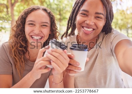 Coffee, selfie and couple of friends outdoor, park or city for social media post, profile picture and gen z lifestyle. Happy diversity people, influencer or youth with cafe drink and smile portrait