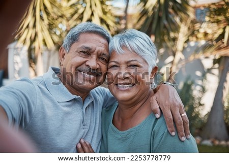 Senior couple, hug and smile for selfie, social media or profile picture together for romance in the back yard. Portrait of happy elderly man and woman smiling in happiness for photo or relationship