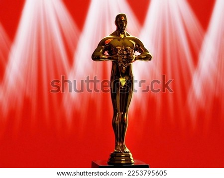 Hollywood Golden Oscar Academy award statue on red  background with light rays. Success and victory concept.