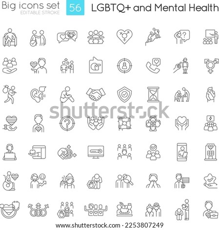 LGBTQ and mental health linear icons set. Inclusion and support programs. Freedom to be yourself. Customizable thin line symbols. Isolated vector outline illustrations. Editable stroke Royalty-Free Stock Photo #2253807249