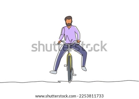 Single continuous line drawing happy Arabian man in casual clothes riding bicycle. Healthy and sport lifestyle. Ecological vehicle of transportation. One line draw graphic design vector illustration