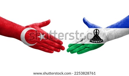 Handshake between Lesotho and Turkey flags painted on hands, isolated transparent image.
