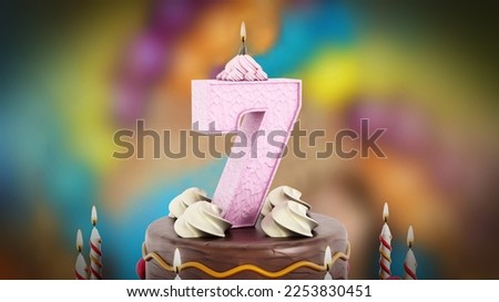 Birthday cake with lit number 7 candle. 3D illustration.