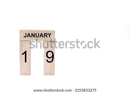 January 19 displayed wooden letter blocks on white background with space for print. Concept for calendar, reminder, date. 