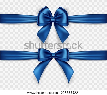 Set of satin decorative blue bows with horizontal ribbon isolated on white background. Vector blue bow and ribbon Royalty-Free Stock Photo #2253855221