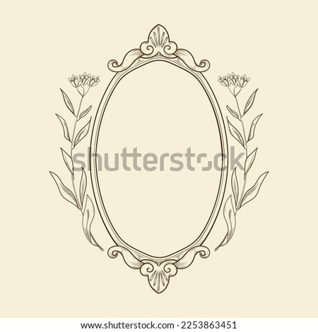 Vector elegant ornate oval frame decorated with wild flowers illustration. Line art vintage botanical template layout for wedding invitation, greeting card, print, badge. Minimalist elegant element.