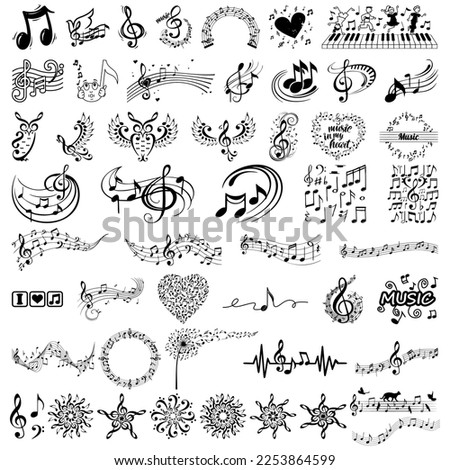 Music note design element in doodle style, Set of various black musical note icon isolated on transparent background. 
Vector illustration for music design. Melody tune symbol pattern. Key sign 