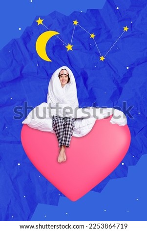 Photo collage artwork minimal picture of funny dreamy lady sitting big heart covering blanket isolated drawing background