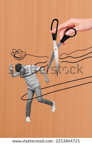Vertical collage picture of arm hold scissors cut free untie mini black white colors guy isolated on creative background