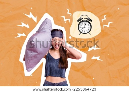 Creative abstract template graphics collage image of unhappy sad lady listening annoying bell isolated drawing background