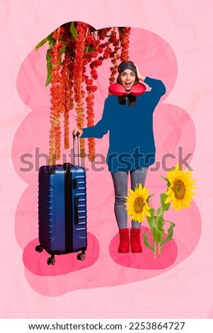 Vertical collage picture of impressed positive girl hold suitcase fresh flowers sunflower isolated on painted background
