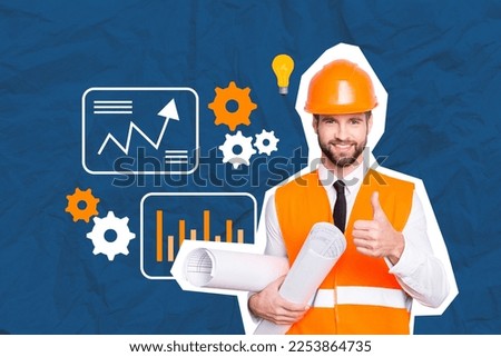 Photo collage of young cheerful smiling professional handyman builder constructor thumb up wear orange helmet budget done isolated on blue background