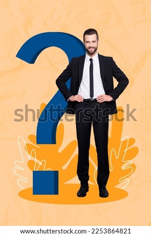 Vertical collage artwork photo of businessman developer touch waist question mark no idea solution help decision isolated on yellow background