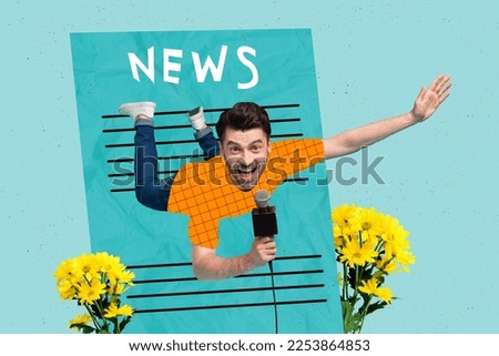 Creative collage picture of excited mini guy journalist hold microphone news reportage flowers isolated on drawing background