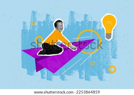 Creative collage picture of excited mini black white effect child flying paper plane light bulb isolated on painted background