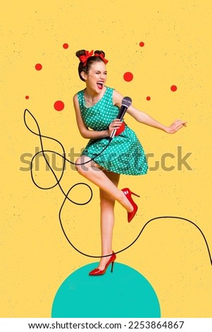 Photo cartoon comics sketch collage picture of funny funky lady enjoying karaoke party isolated drawing background
