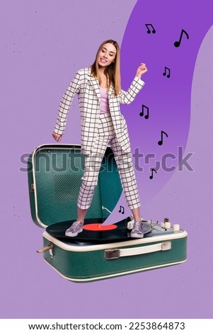 Vertical collage picture of positive excited girl stand huge vinyl record player dancing isolated on drawing purple background