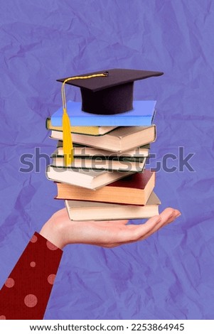 Photo collage of hand holding stack books from library preparation last exam university graduation degree bachelor isolated on purple background
