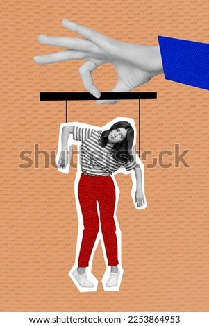 Creative photo collage of young woman hanging silhouette authority manipulation abuse marionette powerless doll isolated on beige background