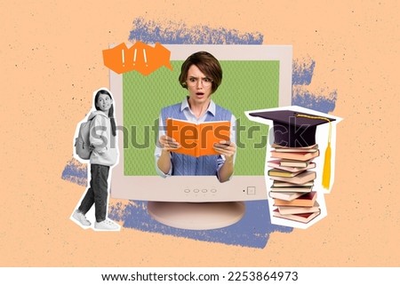Creative collage picture of mini black white gamma girl carry backpack pc monitor displat impressed teacher hold read book