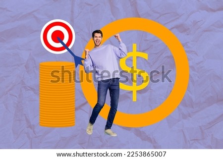 Artwork design photo collage of young businessman entrepreneur fists up celebrate win aim target success much money isolated on drawing background