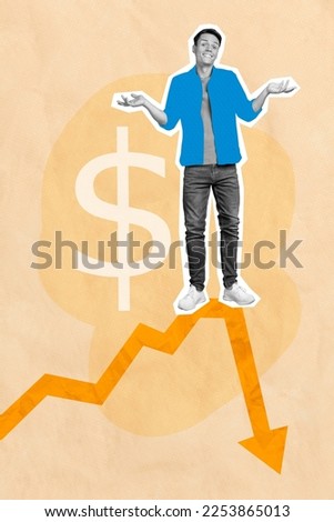 Artwork collage photo of young entrepreneur guy shrug shoulders no idea how solve crisis decreasing finance graphic isolated on painted background