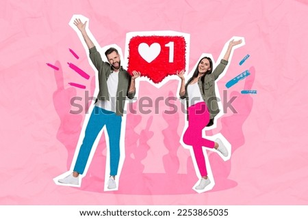 Photo collage artwork minimal picture of carefree smiling couple rising feedback pinata isolated drawing background