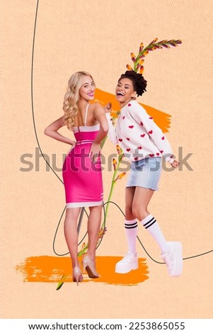 Creative retro 3d magazine collage image of smiling happy ladies having fun together isolated painting background