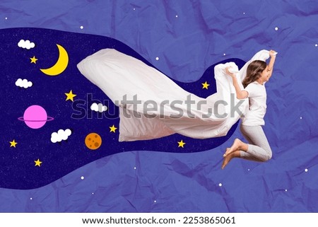 Artwork magazine collage picture of excited charming little kid jumping flying blanket isolated drawing background