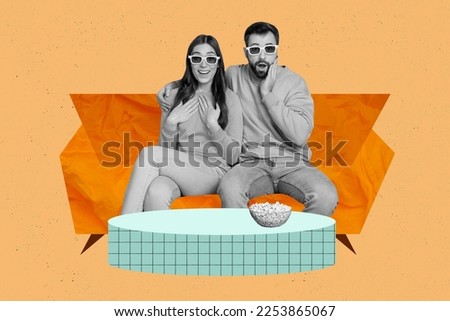 Photo collage artwork minimal picture of impressed funny couple watching interesting 3d movie isolated drawing background