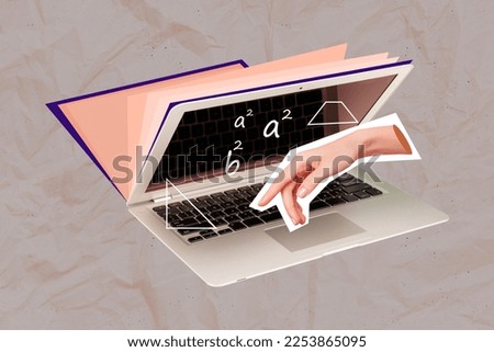Composite collage picture of arm finger typing netbook study maths isolated on drawing background