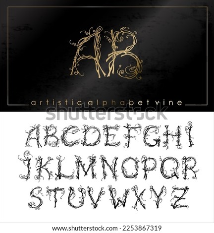 Artistic alphabet font from stylized vine. Vector graphics.