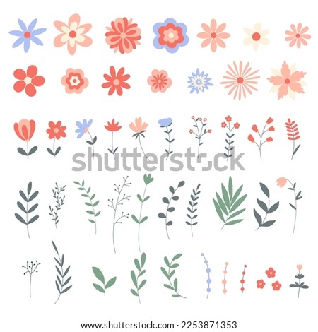Spring flowering wild flowers and foliage. Flowers and herbs set. Hand drawn floral botanical bunch. Isolated flat illustration, vector