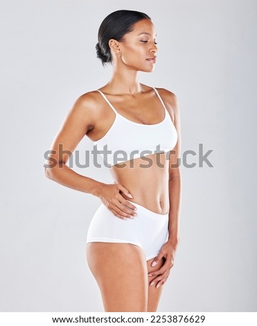 Body, woman profile and underwear with skin, fitness with health and wellness isolated on studio background. Diet, cellulite and exercise, healthy lifestyle mockup with weightloss and nutrition