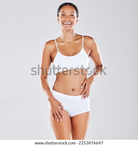 Body, woman in underwear in portrait with smile for fitness, health and wellness isolated on studio background. Diet, cellulite and exercise, healthy lifestyle mockup with weightloss and nutrition