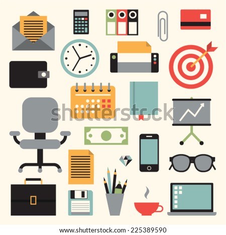 Vector illustration icon set of business: envelope, calculator, document, credit card, wallet, watch, printer, target, chair, calendar, book, chart, briefcase, money, phone, pencil, glasses, computer