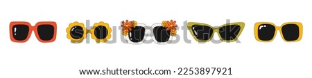 A set of hippie-style sunglasses. Glasses with flowers in the style of the 60s-70s. Retro glasses. Vector illustration isolated on a white background Royalty-Free Stock Photo #2253897921