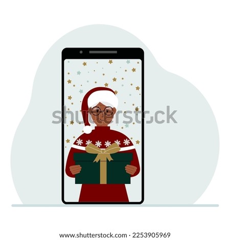 Video congratulations Merry Christmas or New Year. Mobile phone with a woman in a red cap with a gift box. The concept of a safe celebration, online congratulations. Vector flat illustration.