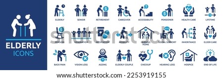 Elderly icon set. Containing senior, retirement, caregiver, accessibility, health, care, pensioner, generation, hospice, ageing and nursing home icons. Solid icon collection. Royalty-Free Stock Photo #2253919155