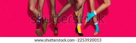 Contemporary art collage. Female and male legs in tights and heeled shoes over bright pink background. Pop art photography. Vivid colors. Concept of creativity, imagination, artwork, lgbt, fun.