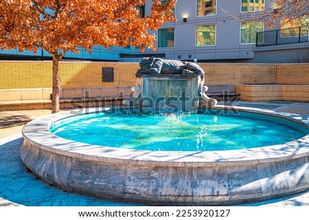 Autumn foliage and idyllic relaxing landscape at Panther City Fountain in downtown Fort Worth, Texas