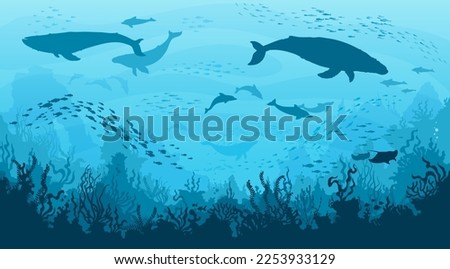 Underwater landscape, whales and dolphins in undersea, vector ocean deep background. Sperm whale and manta, seaweeds and corals with fish shoal silhouettes on ocean bottom or sea landscape Royalty-Free Stock Photo #2253933129