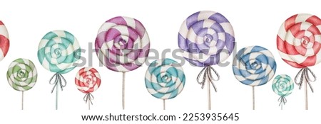 Festive lollipop watercolor collection for happy birthday and merry christmas celebration hand drawn painting collection. Sweet candies with stick aquarelle set
