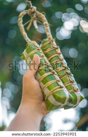Vietnamese Sticky Rice Cake (tet cake), Vietnamese traditional new year food. the most important food of Vietnamese lunar new year Tet. Focus hand holding bundle of tet cake with blurred background