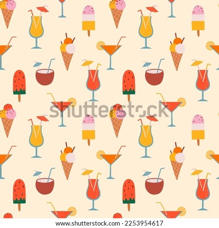 Vector seamless pattern with summer drinks, cocktails, ice cream. Food background with beach drinks. Summer vacation concept. For textiles, clothing, bed linen, office supplies.