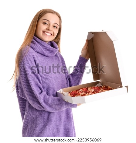 Beautiful young woman holding box with fresh pizza on white background